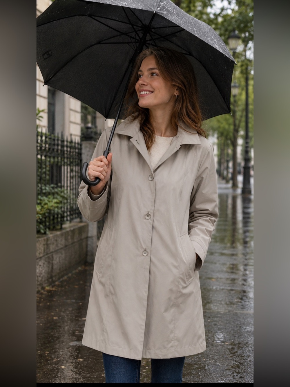 Sanyo New York lightweight single-breasted trench coat in a neutral tan/beige